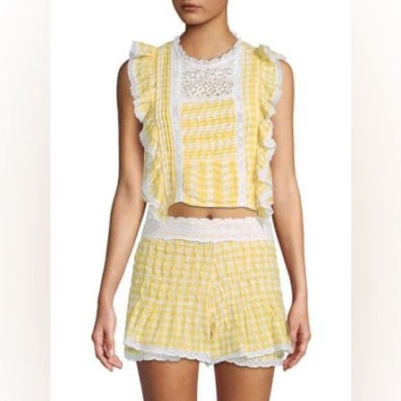 Free People Size 2/XS Yellow Gingham Lace Blouse Shorts Tessa Set - Picture 2 of 11